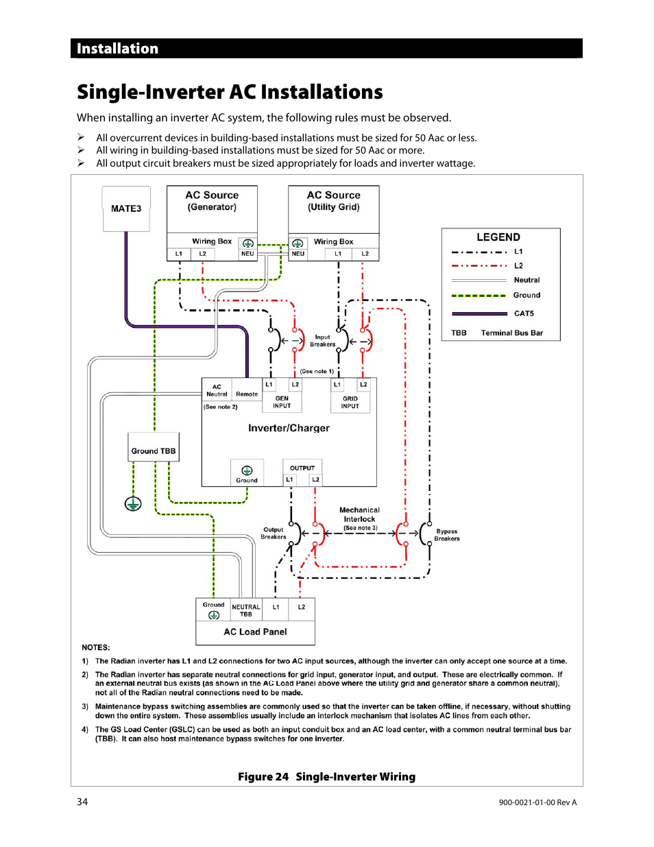 Single-inverter ac installations, Installation | Outback Power Systems GS8048 User Manual | Page 36 / 44