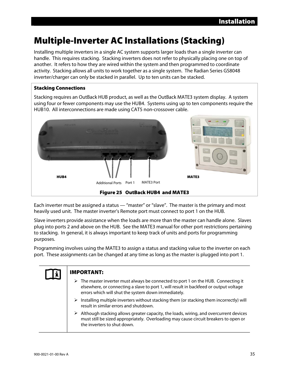 Multiple-inverter ac installations (stacking), Installation | Outback Power Systems GS8048 User Manual | Page 37 / 44