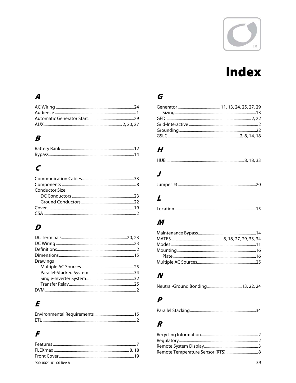 Index | Outback Power Systems GS8048 User Manual | Page 41 / 44