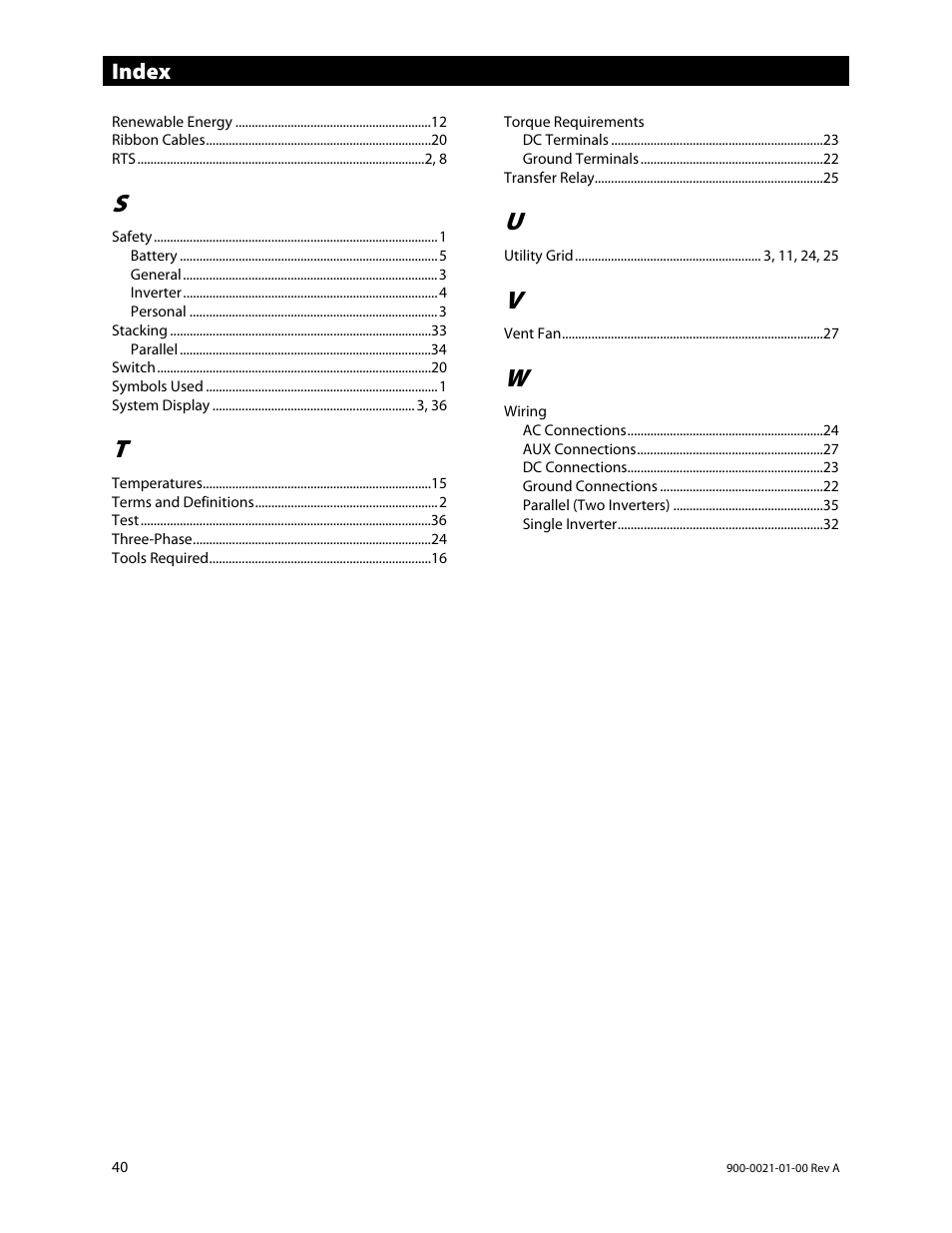 Index | Outback Power Systems GS8048 User Manual | Page 42 / 44