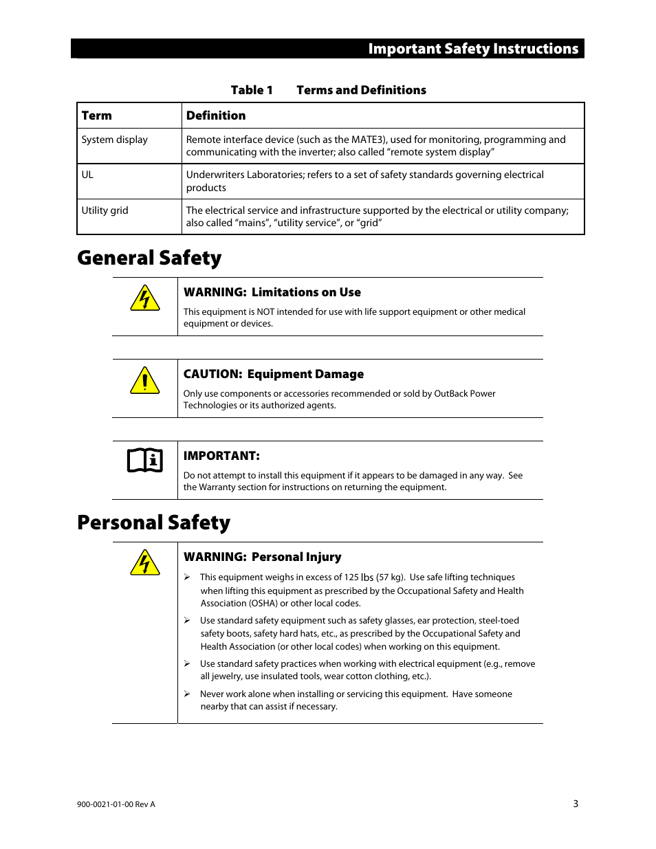 General safety, Personal safety, Important safety instructions | Outback Power Systems GS8048 User Manual | Page 5 / 44