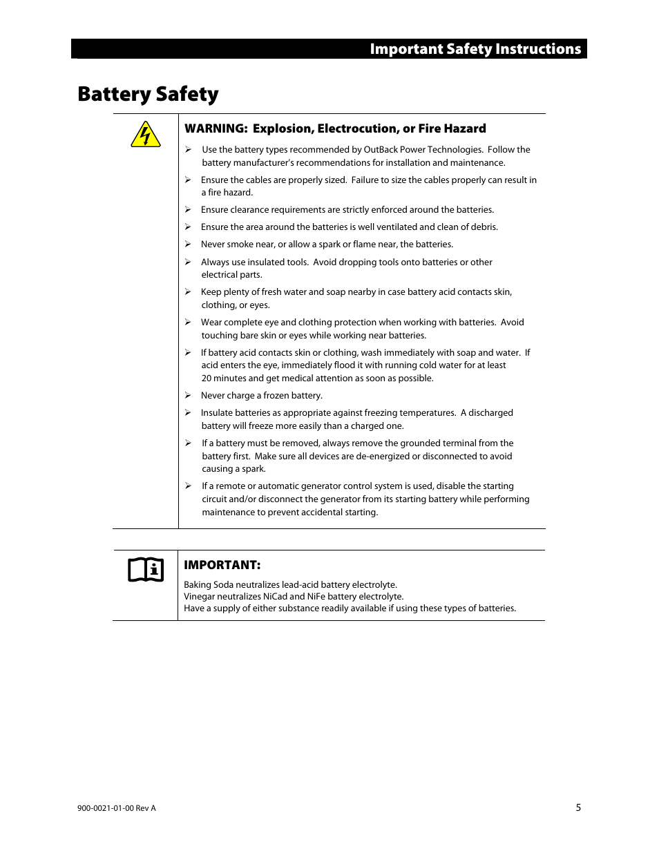 Battery safety, Important safety instructions | Outback Power Systems GS8048 User Manual | Page 7 / 44