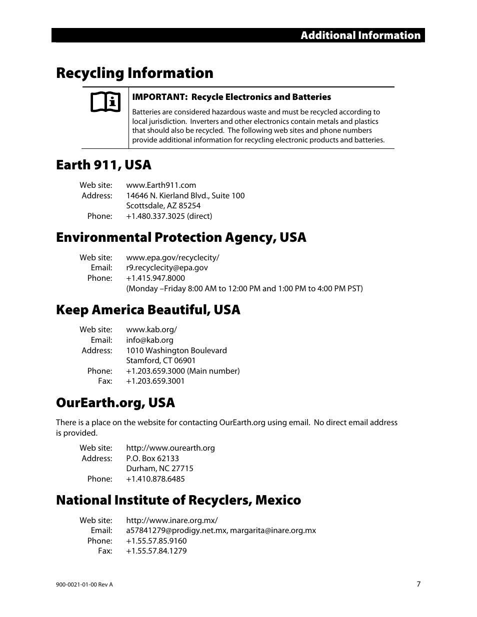 Recycling information, Earth 911, usa, Environmental protection agency, usa | Keep america beautiful, usa, National institute of recyclers, mexico, Additional information | Outback Power Systems GS8048 User Manual | Page 9 / 44