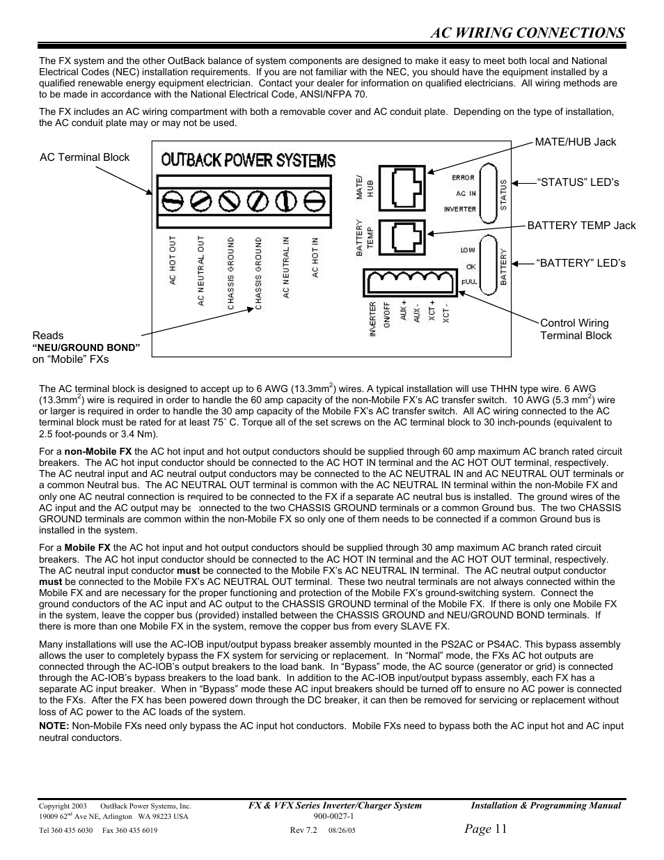 Ac wiring connections, Page 11 | Outback Power Systems FX 2012T User Manual | Page 11 / 65