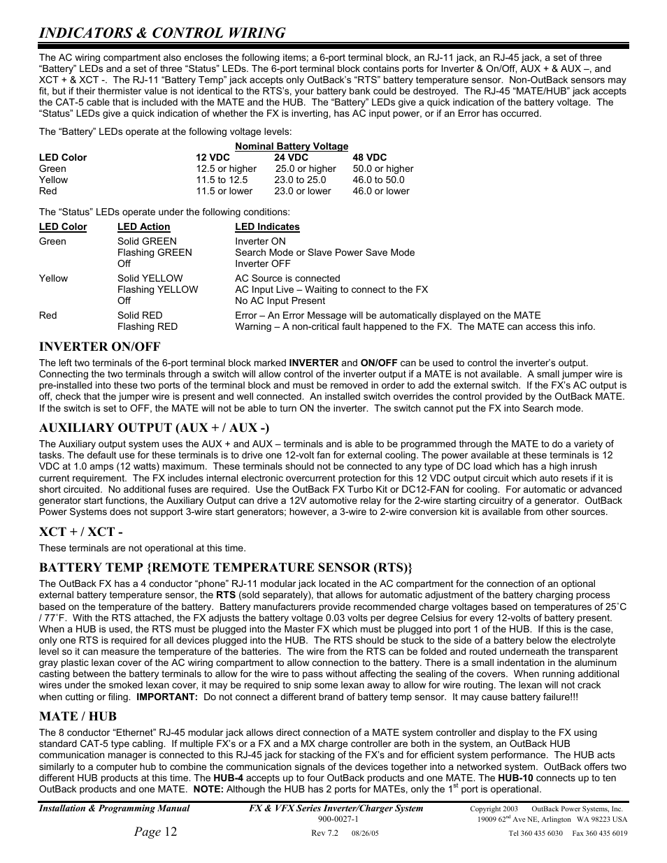 Indicators & control wiring, Page 12, Inverter on/off | Auxiliary output (aux + / aux -), Xct + / xct, Battery temp {remote temperature sensor (rts), Mate / hub | Outback Power Systems FX 2012T User Manual | Page 12 / 65