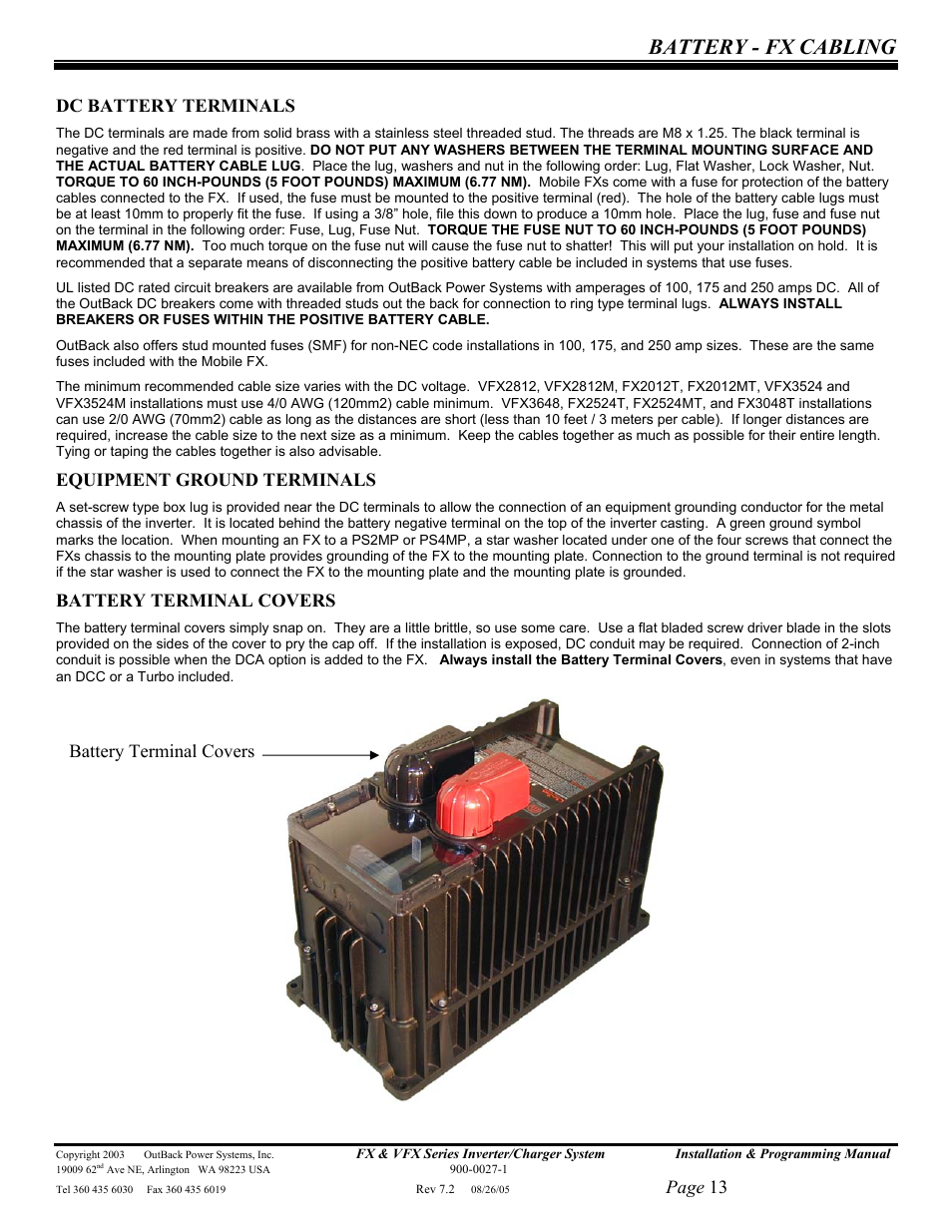 Battery - fx cabling, Page 13, Dc battery terminals | Equipment ground terminals, Battery terminal covers | Outback Power Systems FX 2012T User Manual | Page 13 / 65