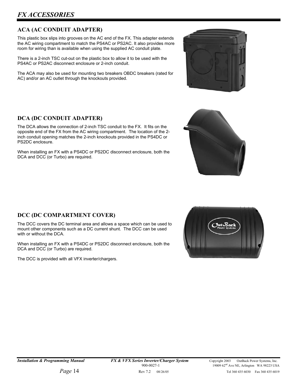 Fx accessories, Page 14, Aca (ac conduit adapter) | Dca (dc conduit adapter), Dcc (dc compartment cover) | Outback Power Systems FX 2012T User Manual | Page 14 / 65