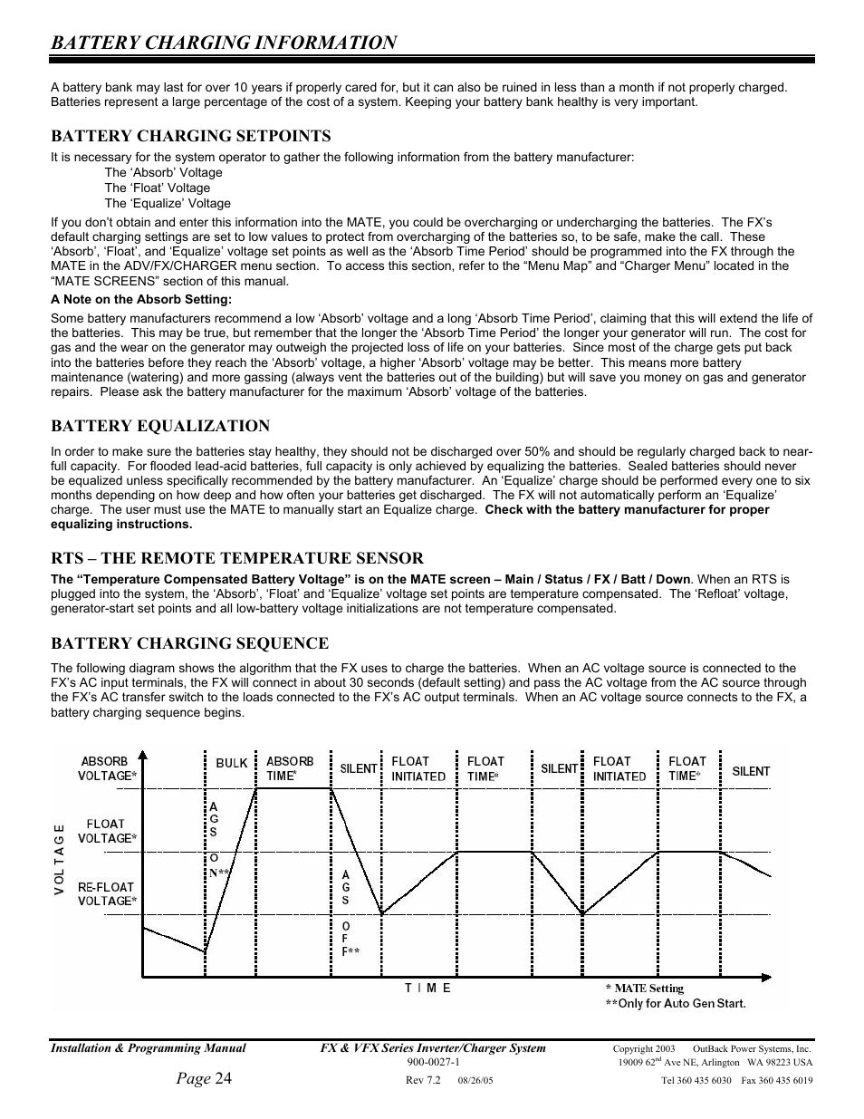 Battery charging information, Page 24, Battery charging setpoints | Battery equalization, Rts – the remote temperature sensor, Battery charging sequence | Outback Power Systems FX 2012T User Manual | Page 24 / 65