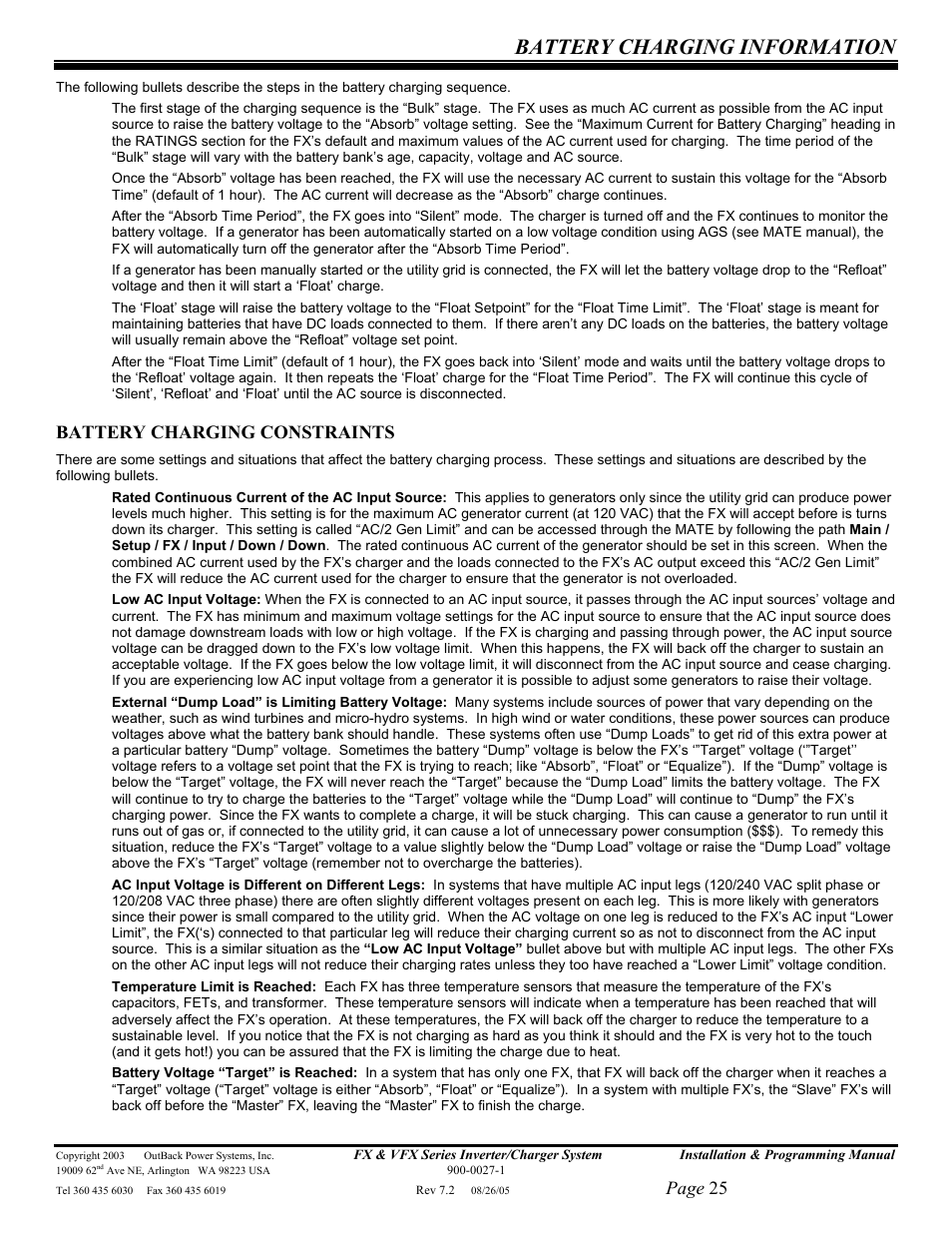 Battery charging information, Page 25, Battery charging constraints | Outback Power Systems FX 2012T User Manual | Page 25 / 65