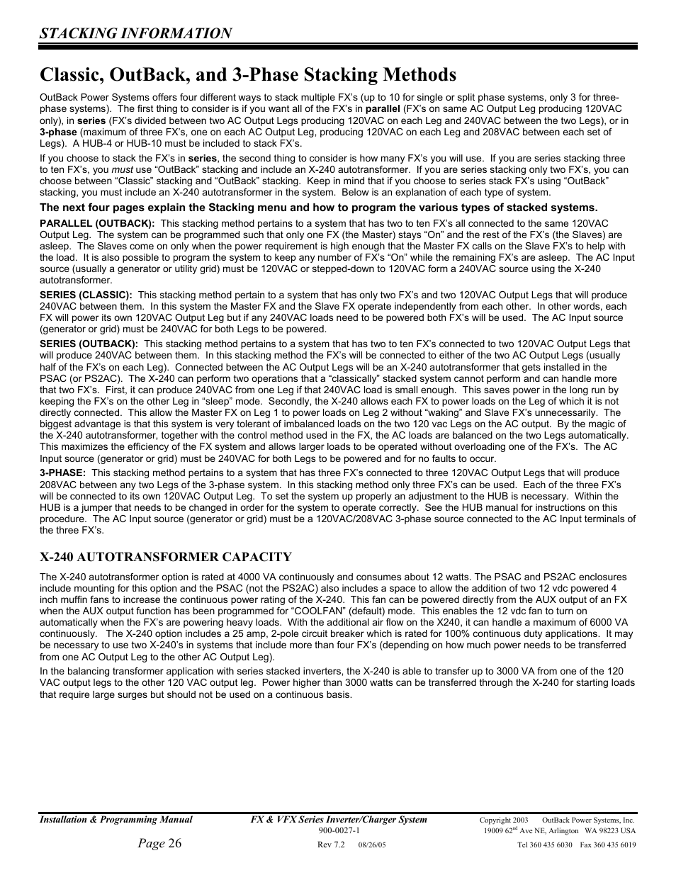 Classic, outback, and 3-phase stacking methods, Stacking information, Page 26 | X-240 autotransformer capacity | Outback Power Systems FX 2012T User Manual | Page 26 / 65