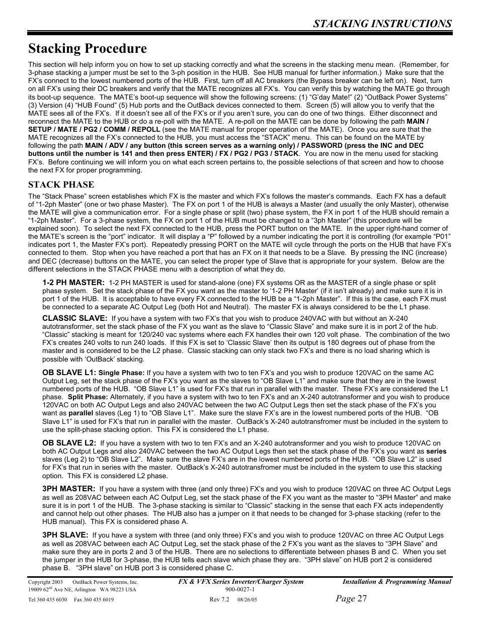 Stacking procedure, Stacking instructions, Page 27 | Stack phase | Outback Power Systems FX 2012T User Manual | Page 27 / 65