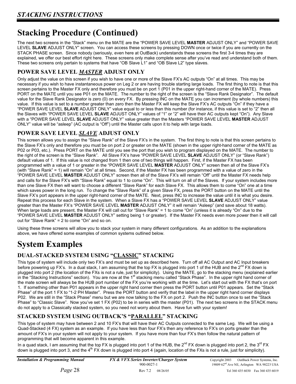 Stacking procedure (continued), System examples, Stacking instructions | Page 28, Power save level master adjust only, Power save level slave adjust only, Dual-stacked system using “classic” stacking, Stacked system using outback’s “parallel” stacking | Outback Power Systems FX 2012T User Manual | Page 28 / 65