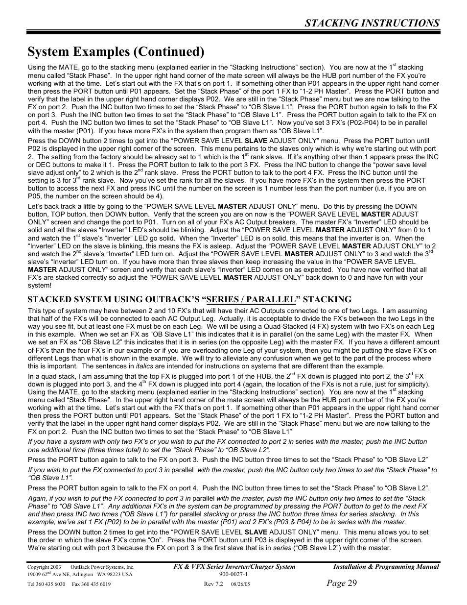 System examples (continued), Stacking instructions, Page 29 | Outback Power Systems FX 2012T User Manual | Page 29 / 65