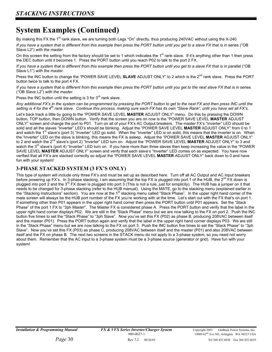 System examples (continued), Stacking instructions, Page 30 | Phase stacked system (3 fx’s only) | Outback Power Systems FX 2012T User Manual | Page 30 / 65