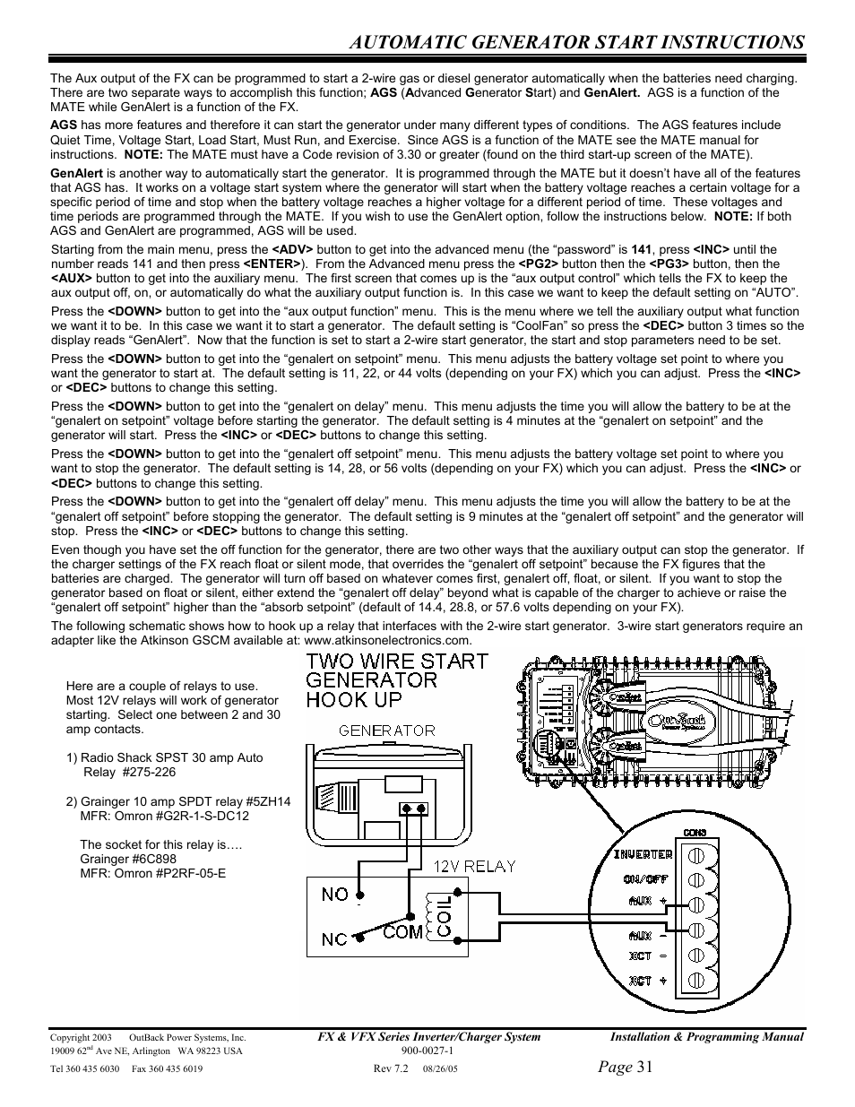 Automatic generator start instructions, Page 31 | Outback Power Systems FX 2012T User Manual | Page 31 / 65