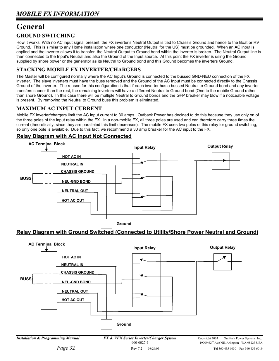 General, Mobile fx information, Page 32 | Ground switching, Stacking mobile fx inverter/chargers, Maximum ac input current, Relay diagram with ac input not connected | Outback Power Systems FX 2012T User Manual | Page 32 / 65