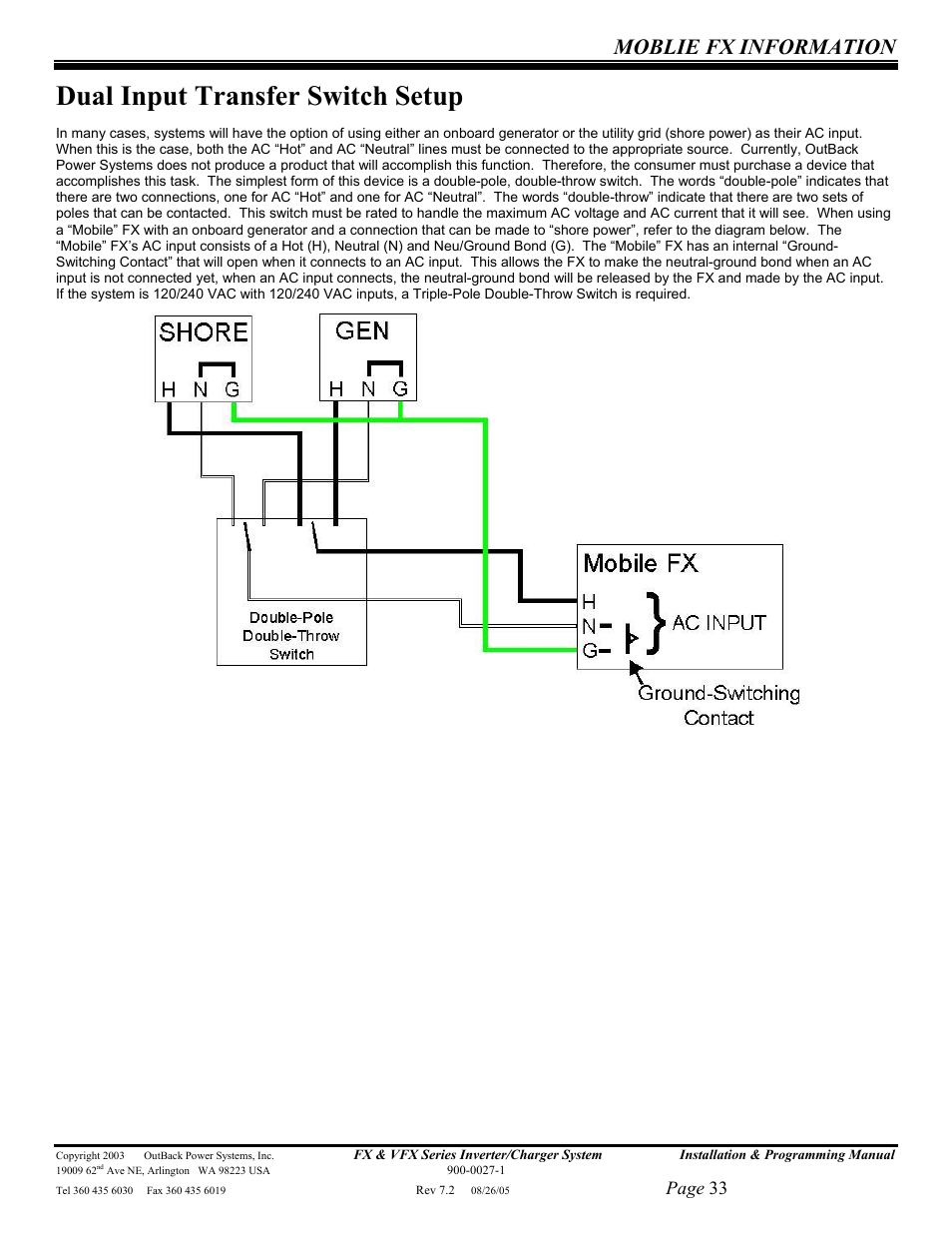 Dual input transfer switch setup, Moblie fx information, Page 33 | Outback Power Systems FX 2012T User Manual | Page 33 / 65