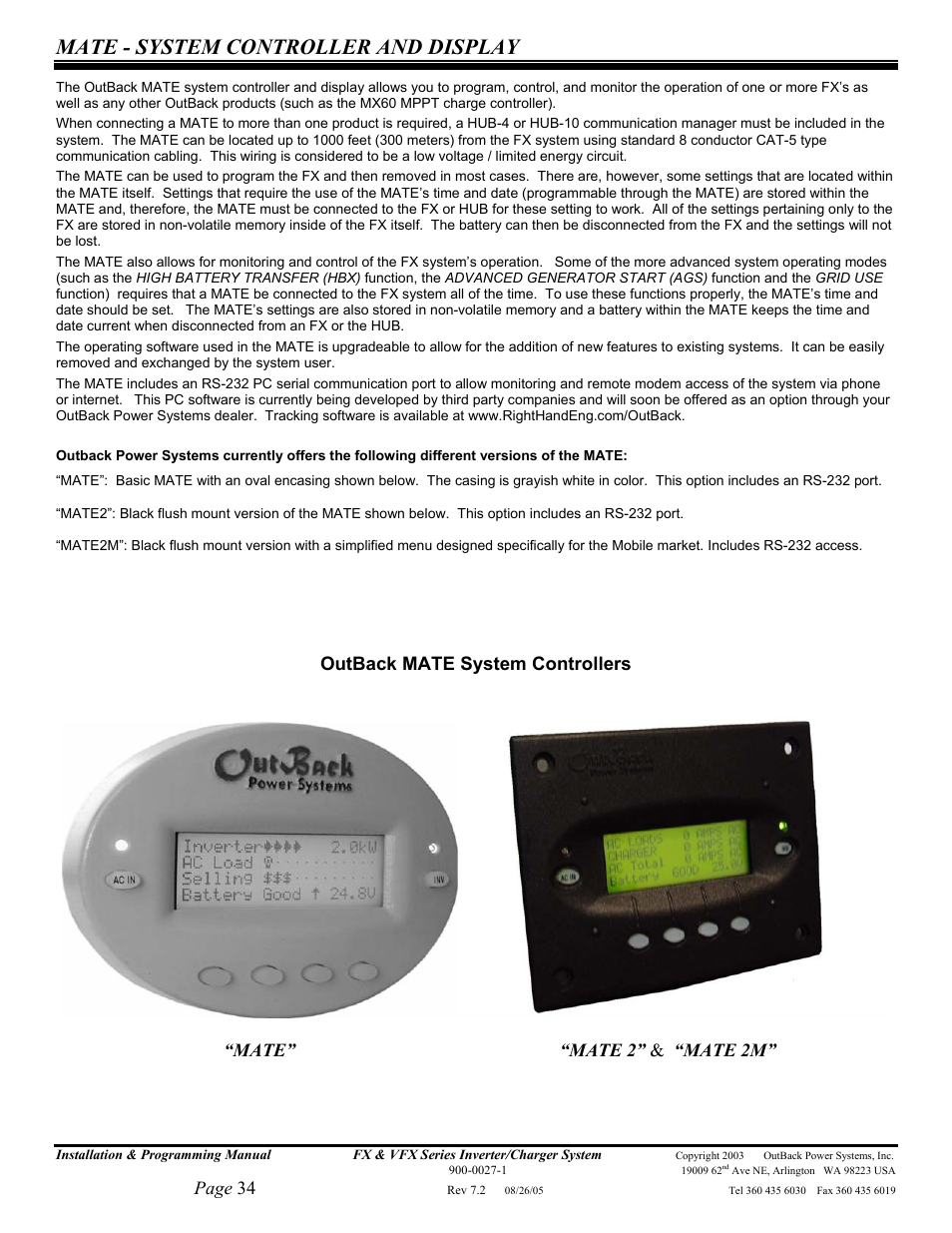 Mate - system controller and display | Outback Power Systems FX 2012T User Manual | Page 34 / 65