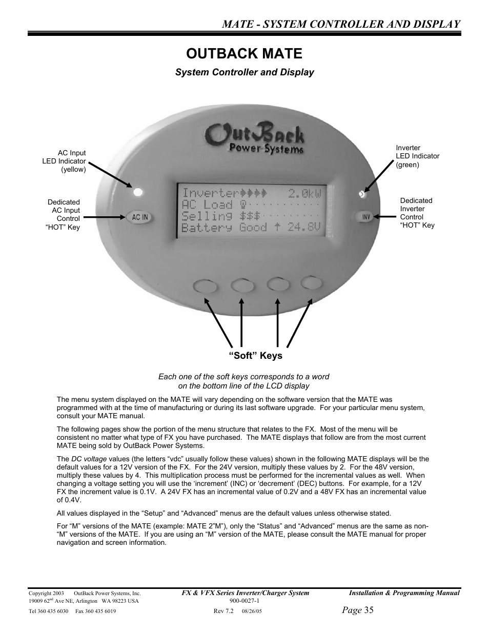 Outback mate, Mate - system controller and display, Page 35 | System controller and display, Soft” keys | Outback Power Systems FX 2012T User Manual | Page 35 / 65