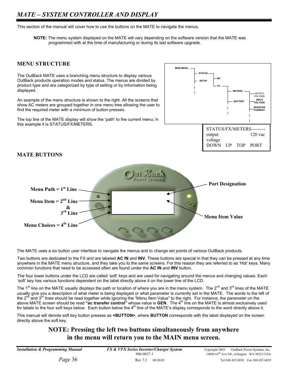 Mate – system controller and display, Page 36, Menu structure | Mate buttons, Menu path = 1, Line menu item = 2, Line & 3, Line menu choices = 4, Line port designation, Menu item value | Outback Power Systems FX 2012T User Manual | Page 36 / 65