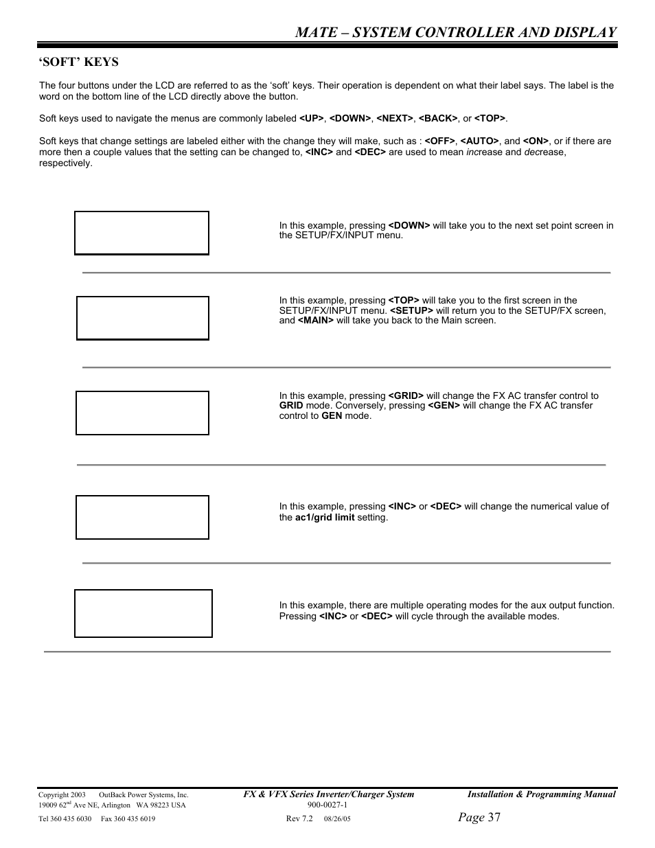 Mate – system controller and display, Page 37, Soft’ keys | Outback Power Systems FX 2012T User Manual | Page 37 / 65