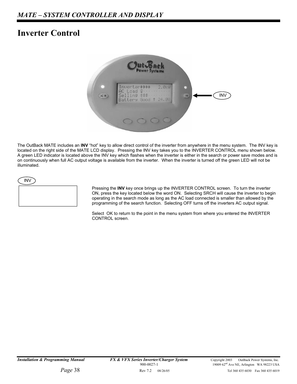 Inverter control, Mate – system controller and display, Page 38 | Outback Power Systems FX 2012T User Manual | Page 38 / 65