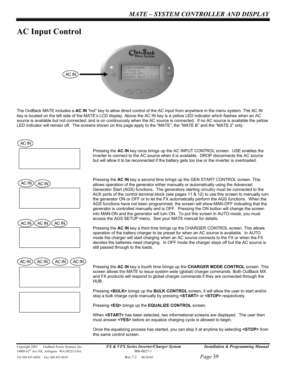 Ac input control, Mate – system controller and display, Page 39 | Outback Power Systems FX 2012T User Manual | Page 39 / 65