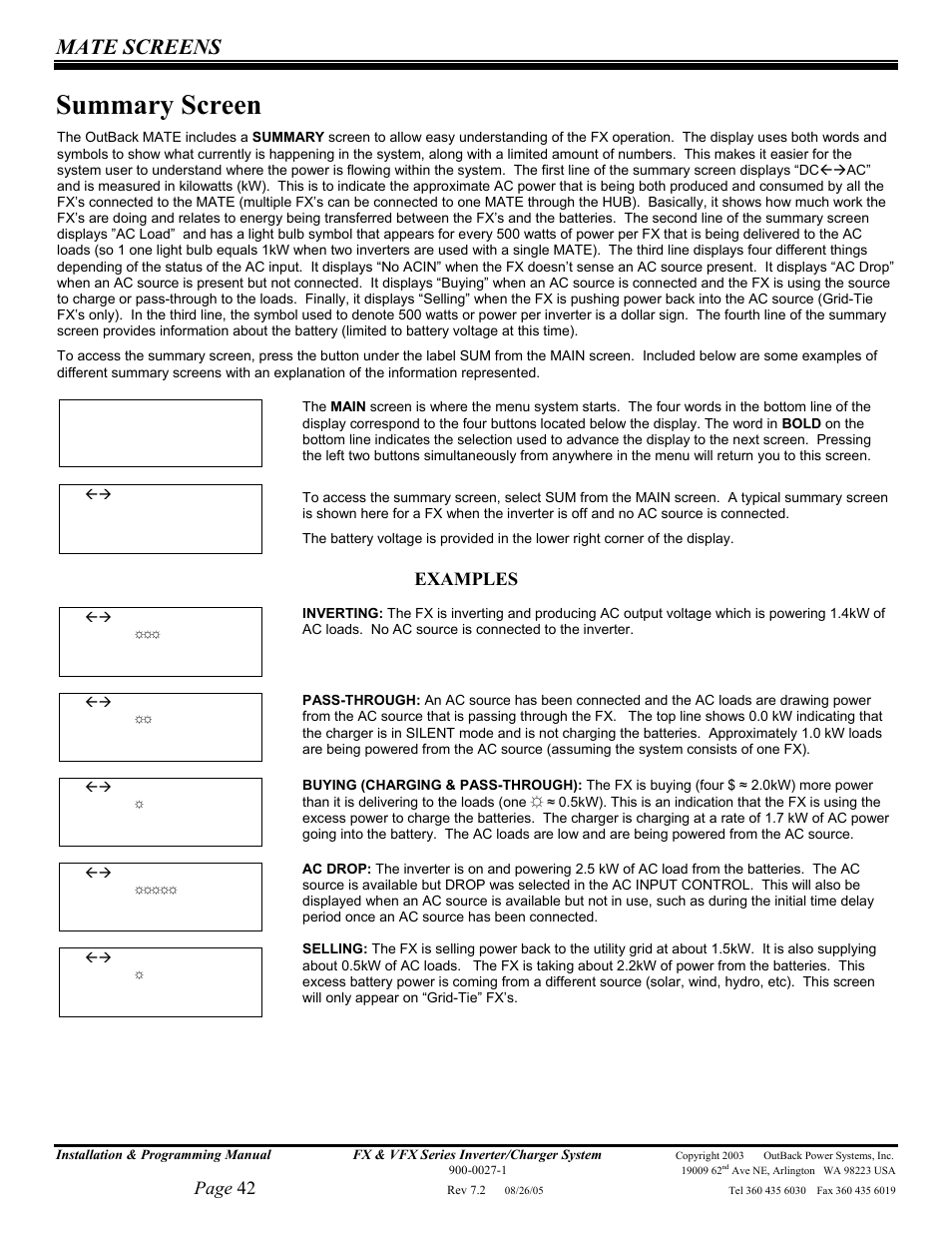 Summary screen, Mate screens, Page 42 | Examples | Outback Power Systems FX 2012T User Manual | Page 42 / 65