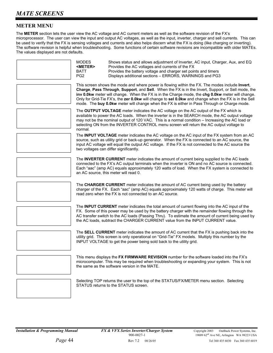 Mate screens, Page 44, Meter menu | Outback Power Systems FX 2012T User Manual | Page 44 / 65