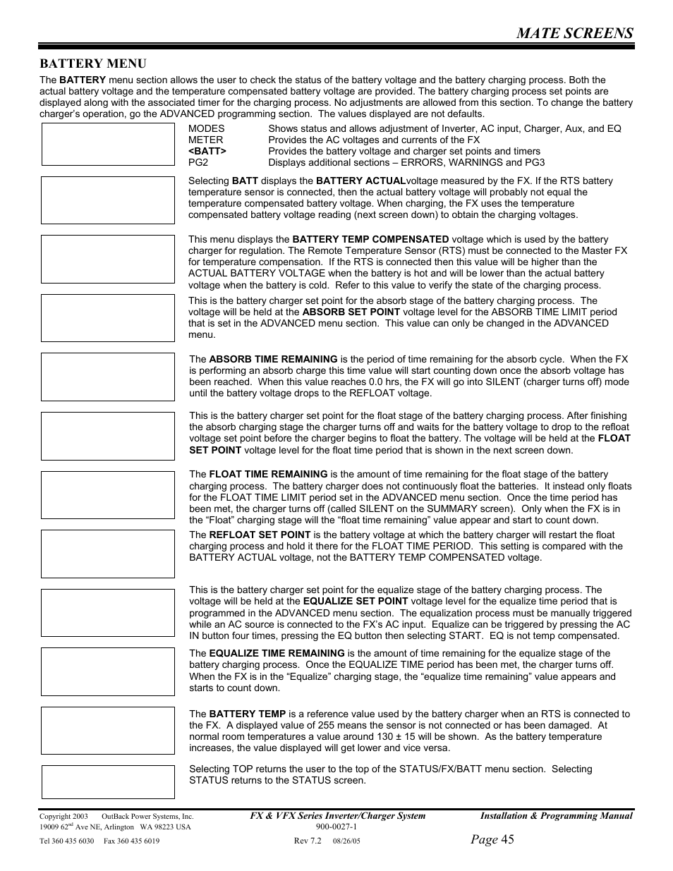 Mate screens, Page 45, Battery menu | Outback Power Systems FX 2012T User Manual | Page 45 / 65