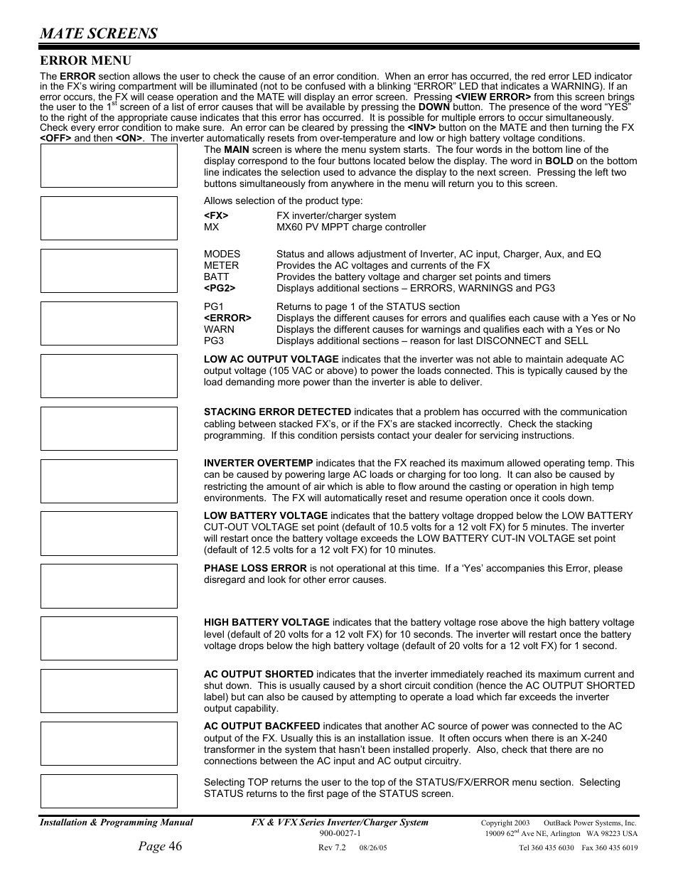 Mate screens, Page 46, Error menu | Outback Power Systems FX 2012T User Manual | Page 46 / 65