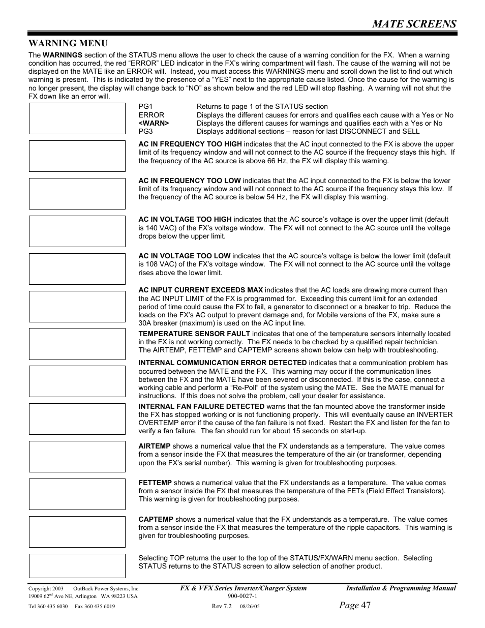 Mate screens, Page 47, Warning menu | Outback Power Systems FX 2012T User Manual | Page 47 / 65