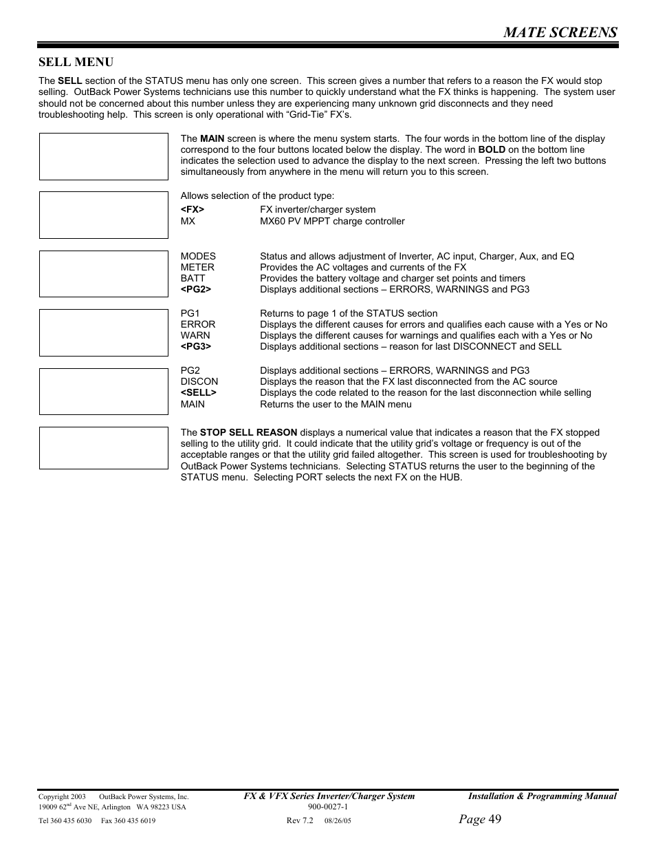 Mate screens, Page 49, Sell menu | Outback Power Systems FX 2012T User Manual | Page 49 / 65