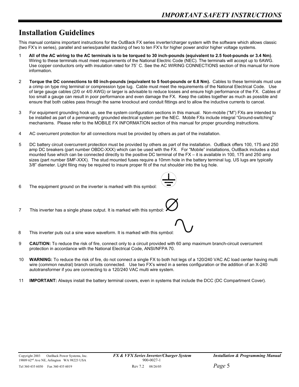 Installation guidelines, Important safety instructions, Page 5 | Outback Power Systems FX 2012T User Manual | Page 5 / 65