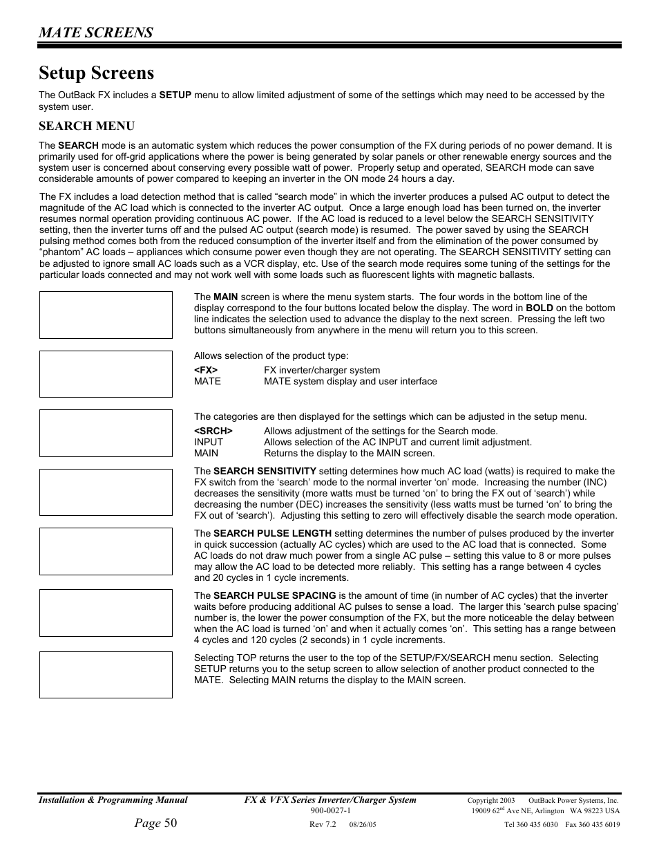 Setup screens, Mate screens, Page 50 | Search menu | Outback Power Systems FX 2012T User Manual | Page 50 / 65