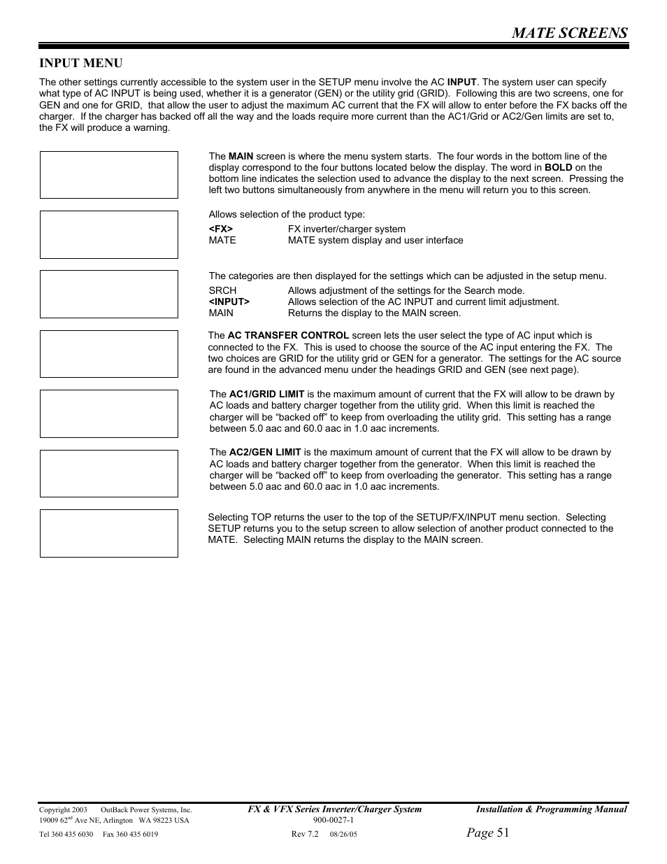 Mate screens, Page 51, Input menu | Outback Power Systems FX 2012T User Manual | Page 51 / 65