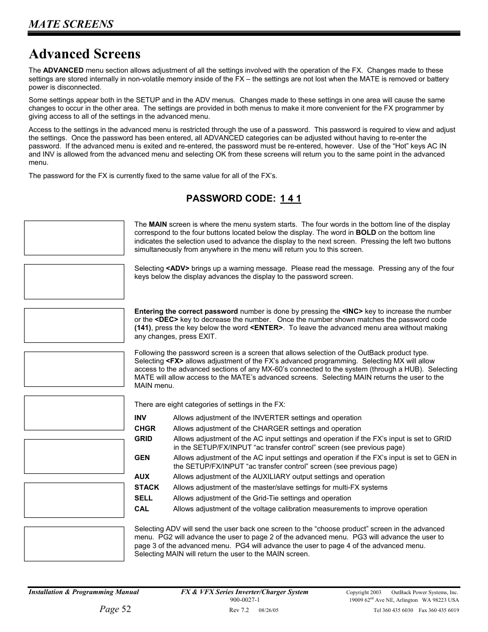 Advanced screens, Mate screens, Page 52 | Password code | Outback Power Systems FX 2012T User Manual | Page 52 / 65