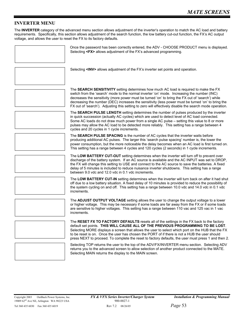 Mate screens, Page 53, Inverter menu | Outback Power Systems FX 2012T User Manual | Page 53 / 65