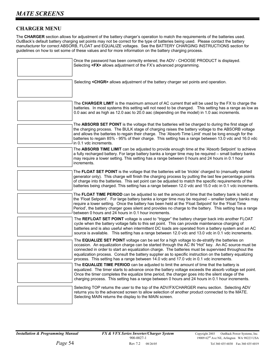 Mate screens, Page 54, Charger menu | Outback Power Systems FX 2012T User Manual | Page 54 / 65