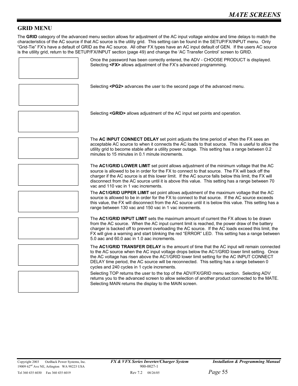 Mate screens, Page 55, Grid menu | Outback Power Systems FX 2012T User Manual | Page 55 / 65