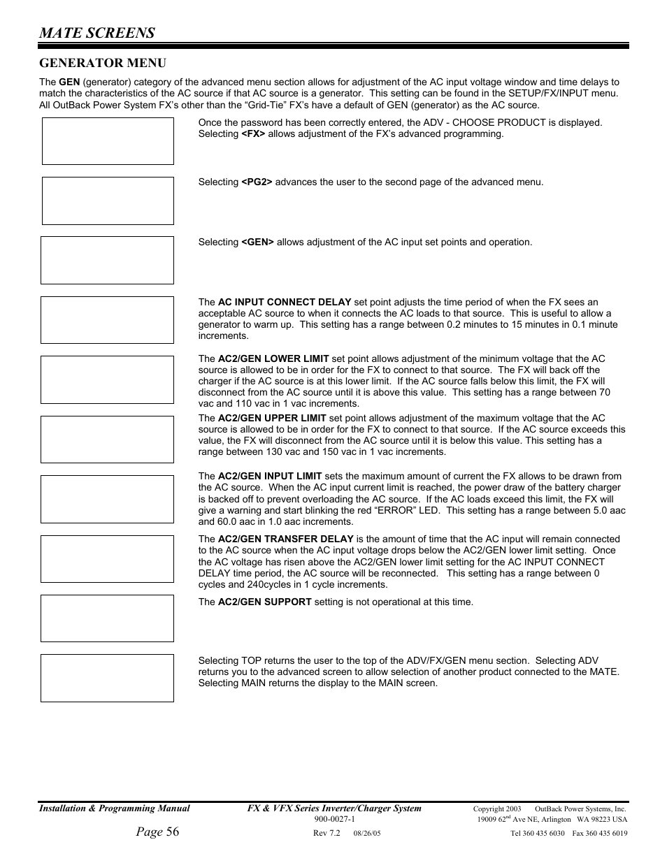 Mate screens, Page 56, Generator menu | Outback Power Systems FX 2012T User Manual | Page 56 / 65