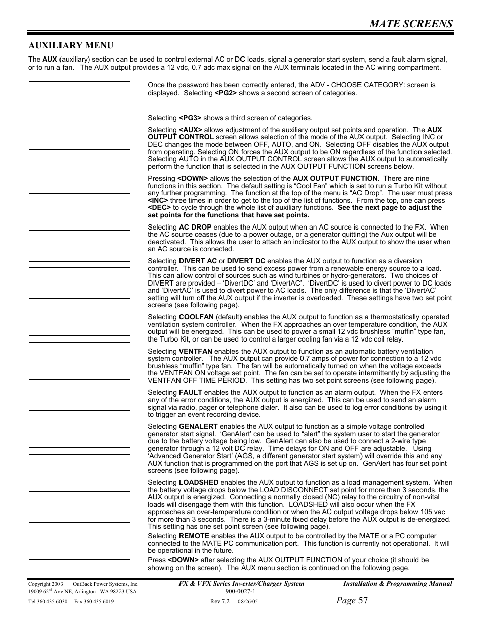 Mate screens, Page 57, Auxiliary menu | Outback Power Systems FX 2012T User Manual | Page 57 / 65