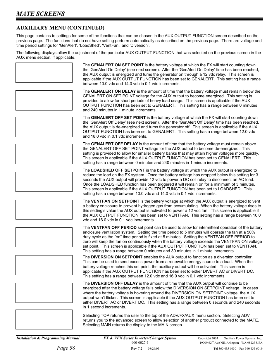 Mate screens, Page 58, Auxiliary menu (continued) | Outback Power Systems FX 2012T User Manual | Page 58 / 65