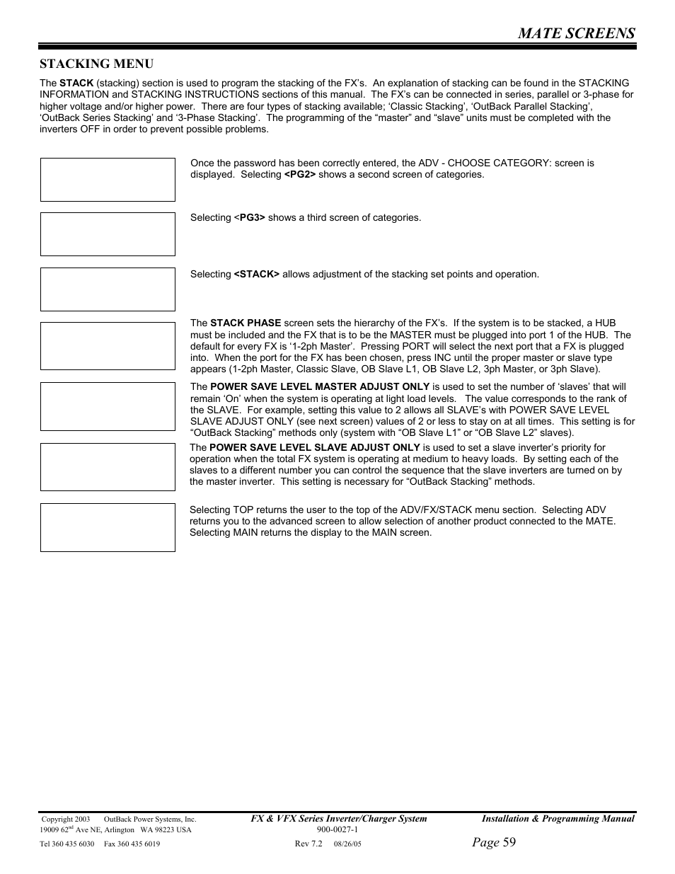 Mate screens, Page 59, Stacking menu | Outback Power Systems FX 2012T User Manual | Page 59 / 65