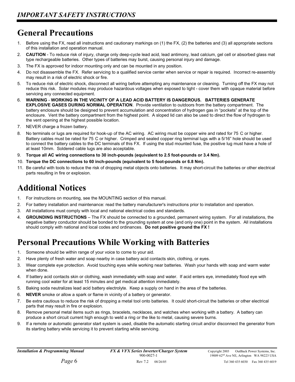 General precautions, Additional notices, Personal precautions while working with batteries | Important safety instructions, Page 6 | Outback Power Systems FX 2012T User Manual | Page 6 / 65