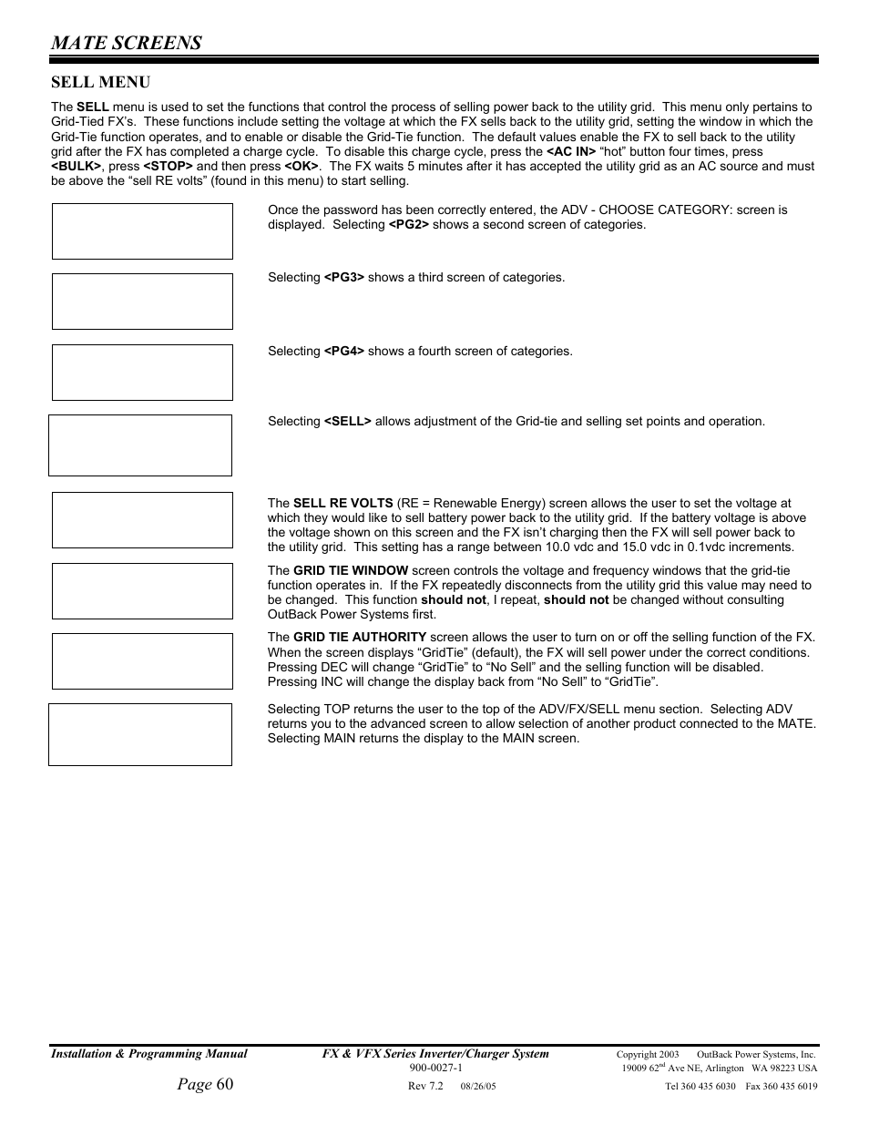 Mate screens, Page 60, Sell menu | Outback Power Systems FX 2012T User Manual | Page 60 / 65