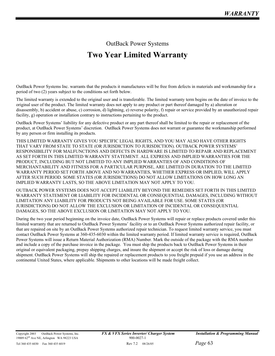 Two year limited warranty, Warranty outback power systems, Page 63 | Outback Power Systems FX 2012T User Manual | Page 63 / 65