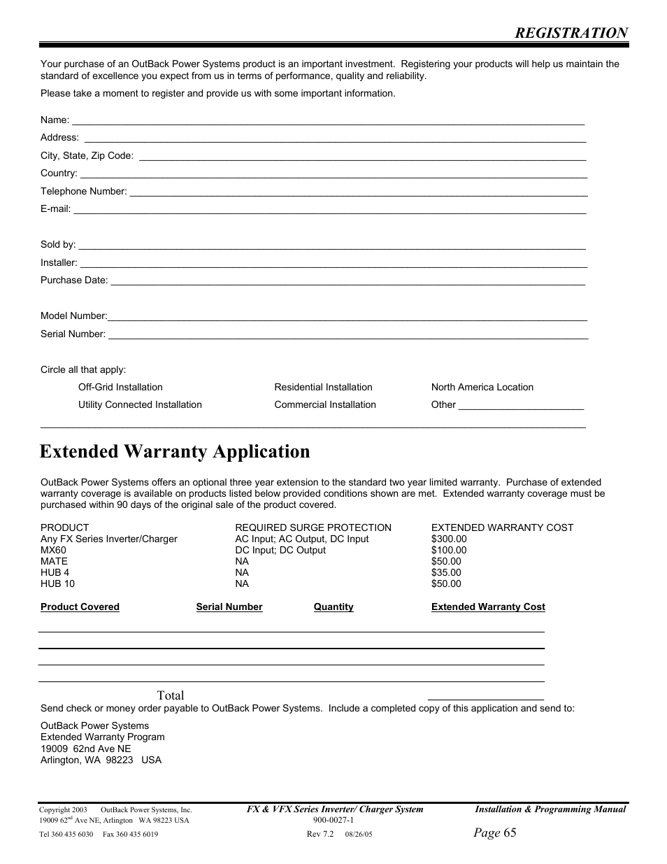 Extended warranty application, Registration | Outback Power Systems FX 2012T User Manual | Page 65 / 65