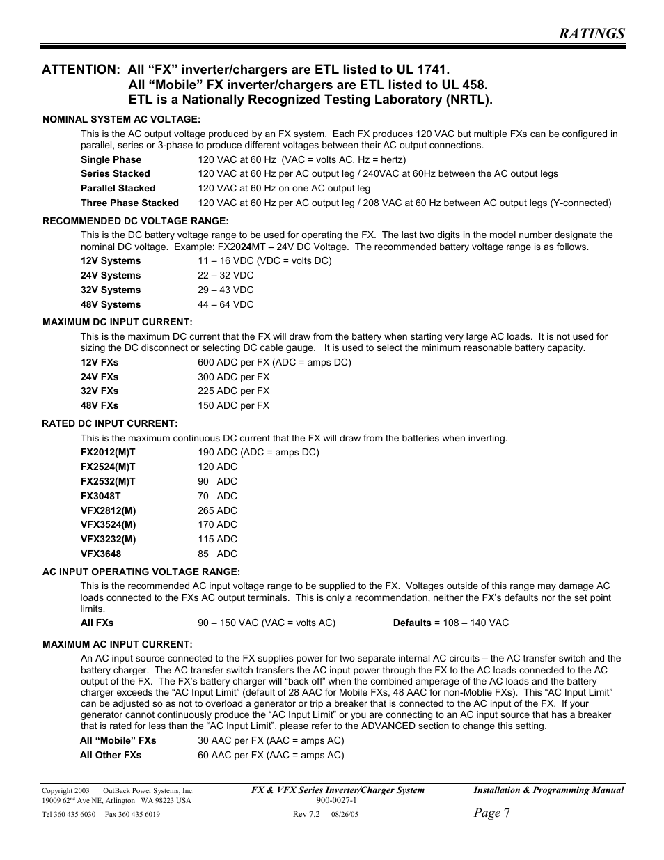 Ratings, Page 7 | Outback Power Systems FX 2012T User Manual | Page 7 / 65