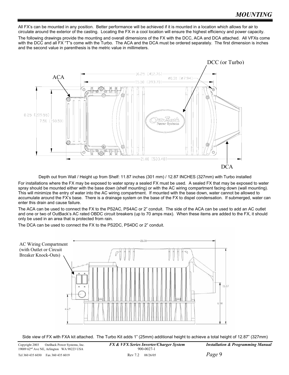 Mounting, Page 9, Aca dcc (or turbo) dca | Outback Power Systems FX 2012T User Manual | Page 9 / 65